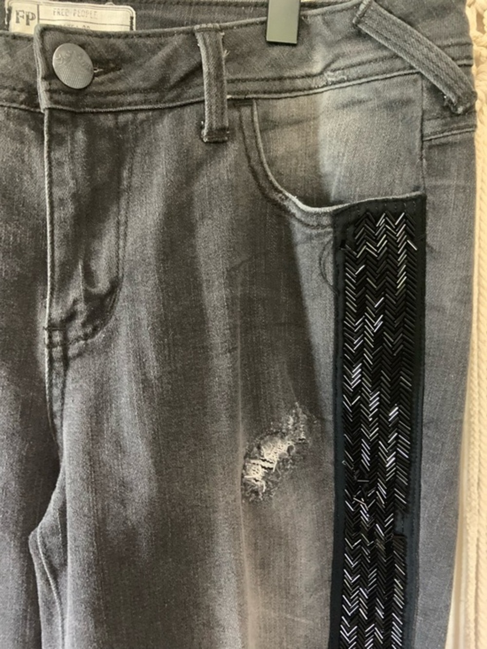 FREE PEOPLE Summer Solstice Tuxedo Distressed Washed Black Beaded Jeans 29 - Picture 6 of 15